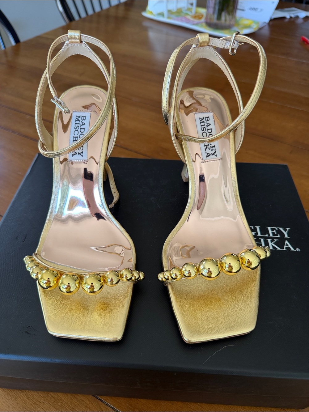Badgley Mischka Metallic Gold Beaded Ankle-Strap Heels